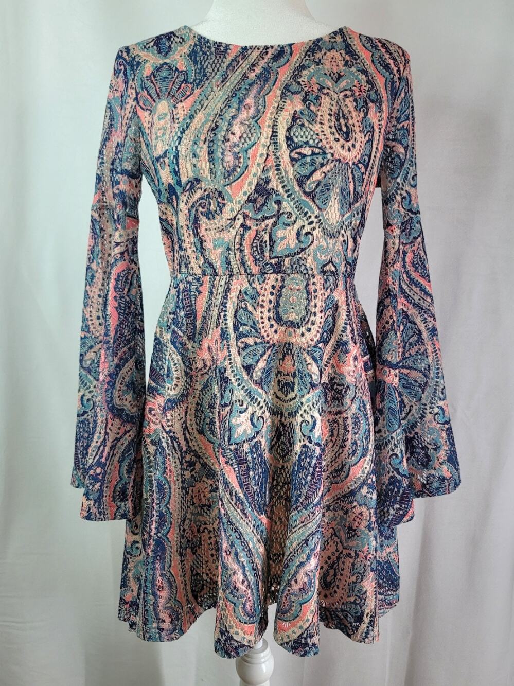 Boho BUFFALO DAVID BITTON 70s Hippie Paisley Lacey Long Bell Sleeve Dress Size S